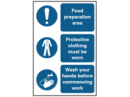 Food preparation area, protective clothing, wash your hands safety sign.