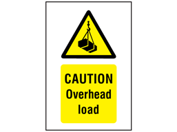 Caution Overhead load symbol and text safety sign.