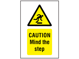 Caution, Mind the step symbol and text safety sign.