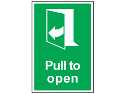 Pull to open (arrow left) symbol and text safety sign.