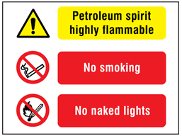 Petroleum spirit highly flammable, No smoking, No naked lights safety sign.