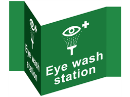 Eye wash station projecting safety sign.