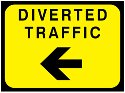 Diverted traffic, arrow left temporary road sign.