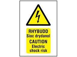 Rhybudd Sioc drydanol, Caution Electric shock risk. Welsh English sign.