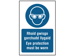 Rhaid gwisgo gorchudd llygaid, Eye protection must be worn. Welsh English sign.