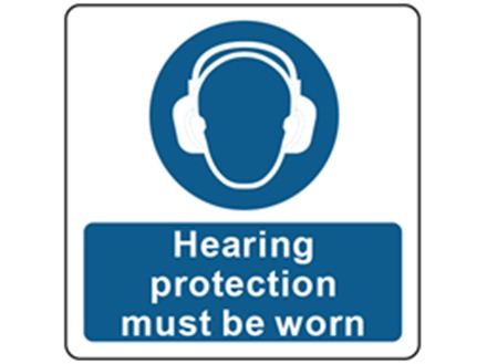 Hearing protection must be worn symbol and text safety label.