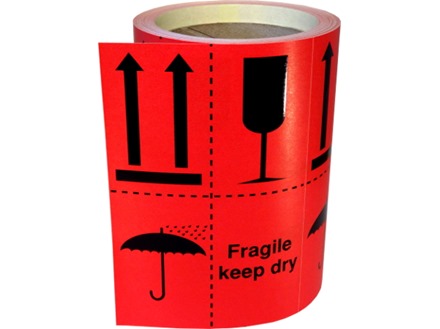 Fragile keep dry (combination of pictograms) shipping label.