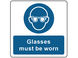 Glasses must be worn symbol and text safety label.