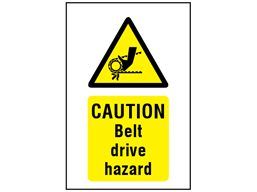 Caution Belt drive hazard symbol and text safety sign.