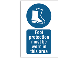 Foot protection must be worn in this area symbol and text safety sign.