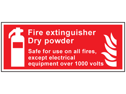 Fire extinguisher dry powder, Safe for use on all fires, except electrical equipment over 1000 volts symbol and text sign.