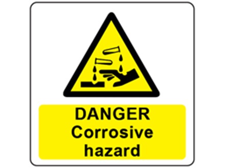 Danger corrosive hazard symbol and text safety label.