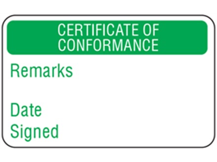 Certificate of conformance quality assurance label