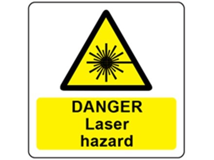Danger laser hazard symbol and text safety label.