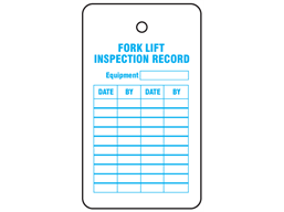 Fork lift inspection record tag.