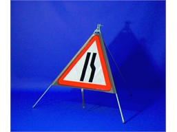 Road ahead narrows on right (offside) roll up road sign