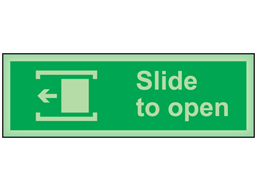 Slide to open, left photoluminescent safety sign