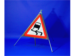 Slippery road roll up road sign