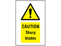 Caution Sharp blades symbol and text safety sign.