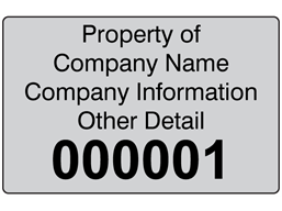 Assetmark foil serial number label (black text), 32mm x 50mm