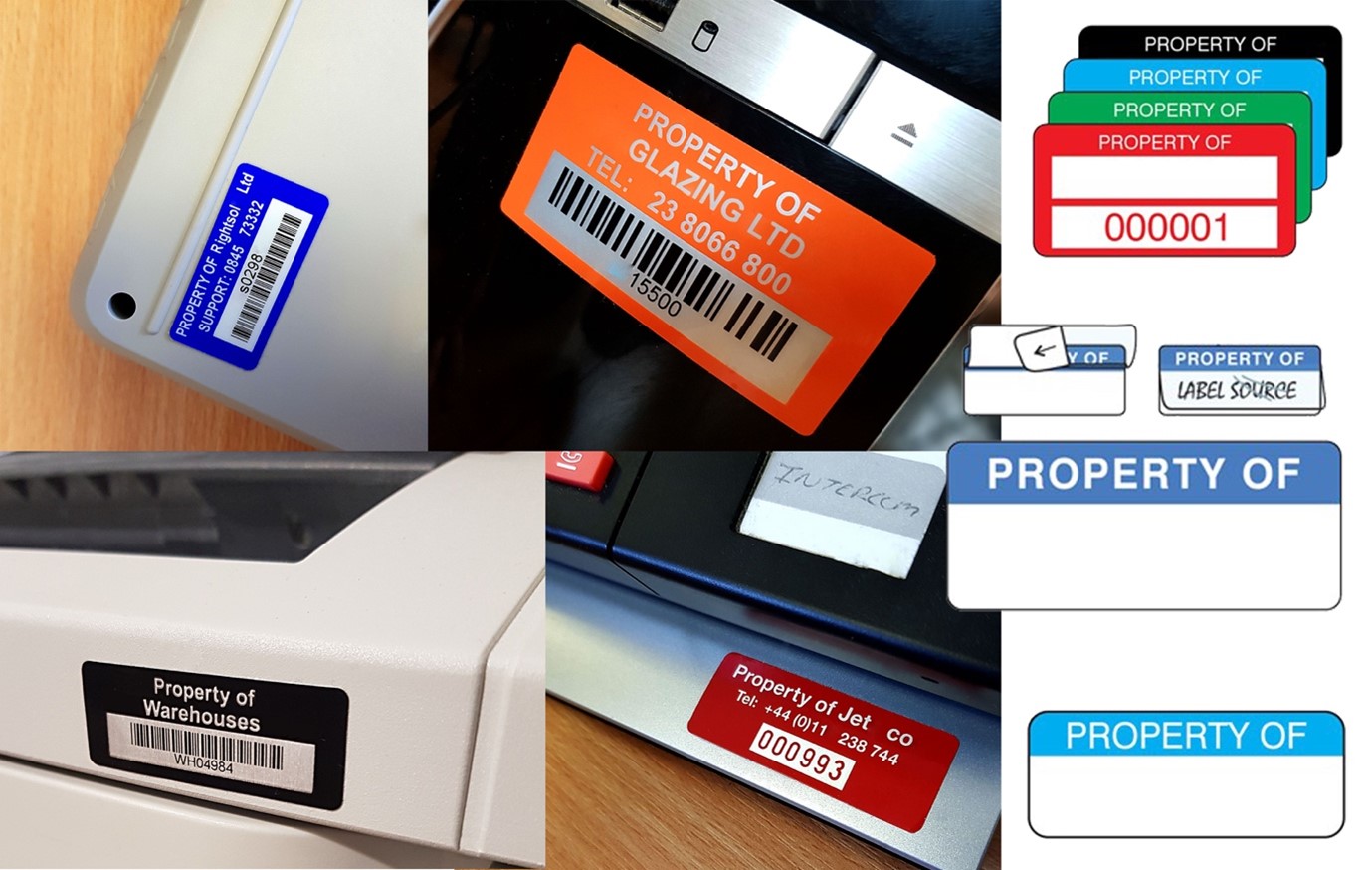 Image of a series of property labels marking different types of equipment