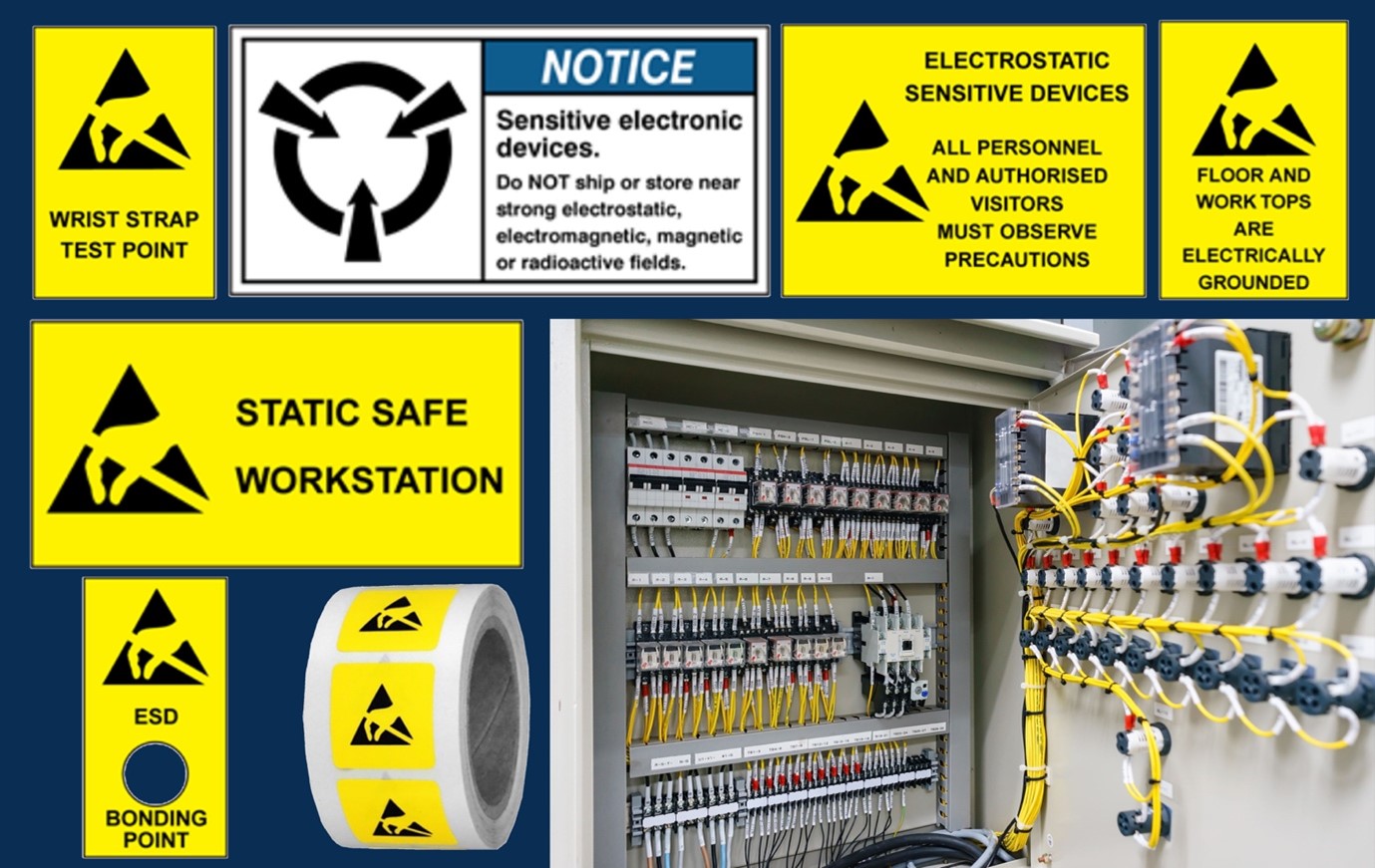 yellow-and-blue image of the different electrostatic labels available