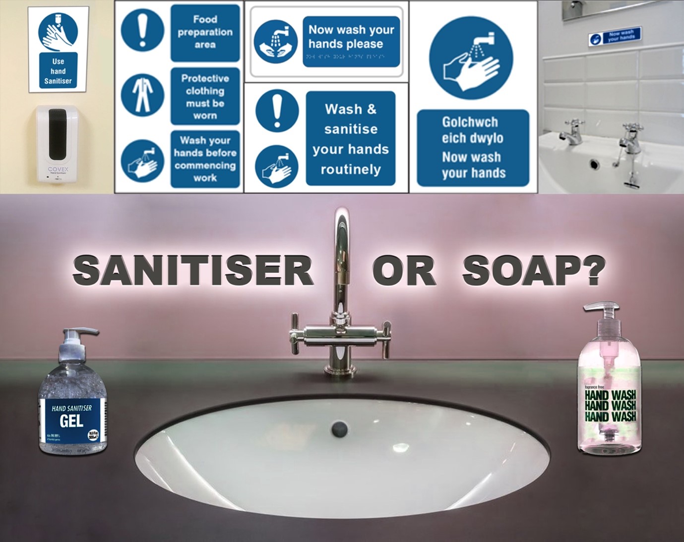 image of hand sanitisation stations and signs