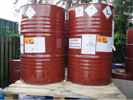 Hazard warning labels on oil drums
